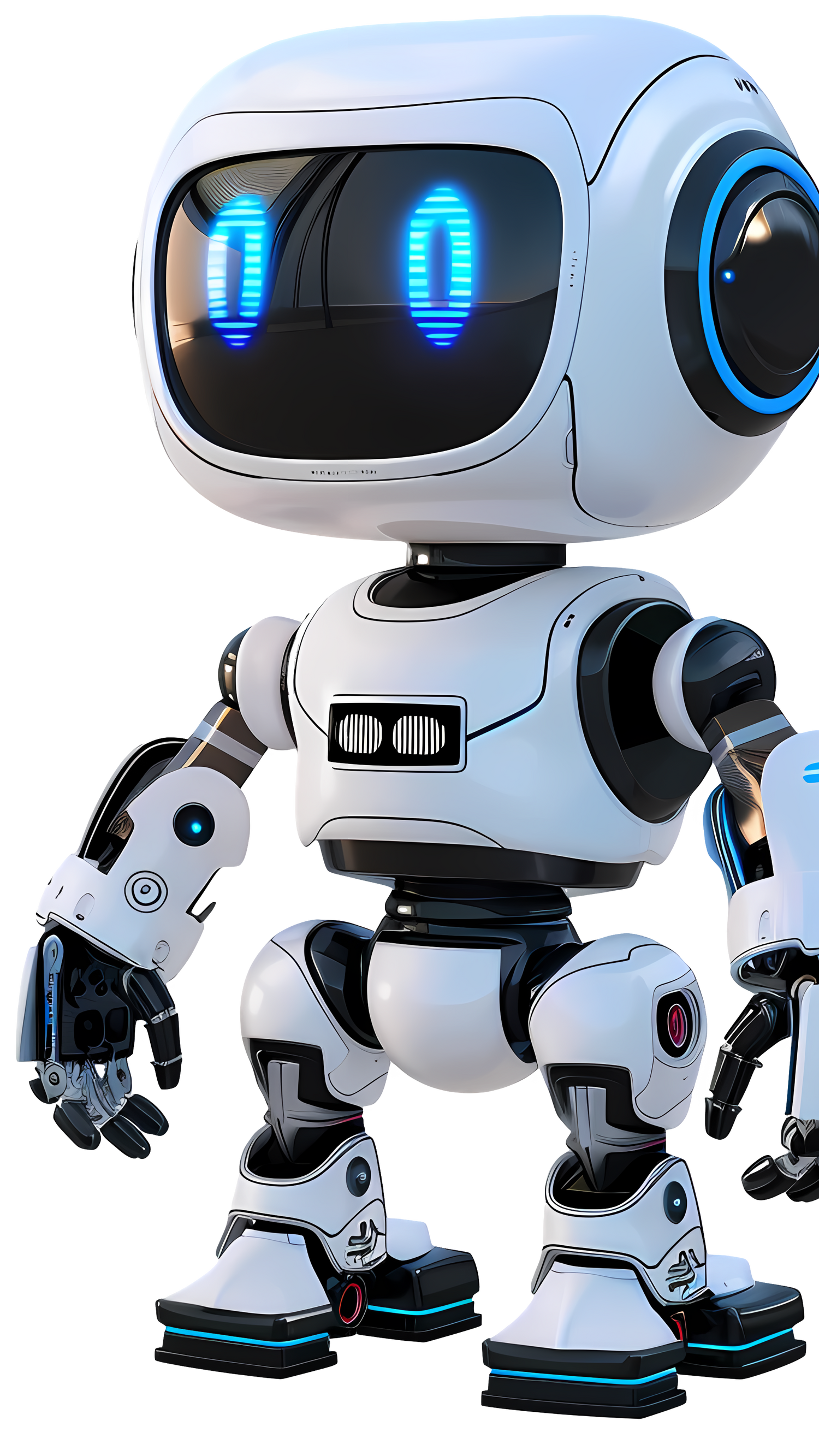 White robot with blue lights on a white background